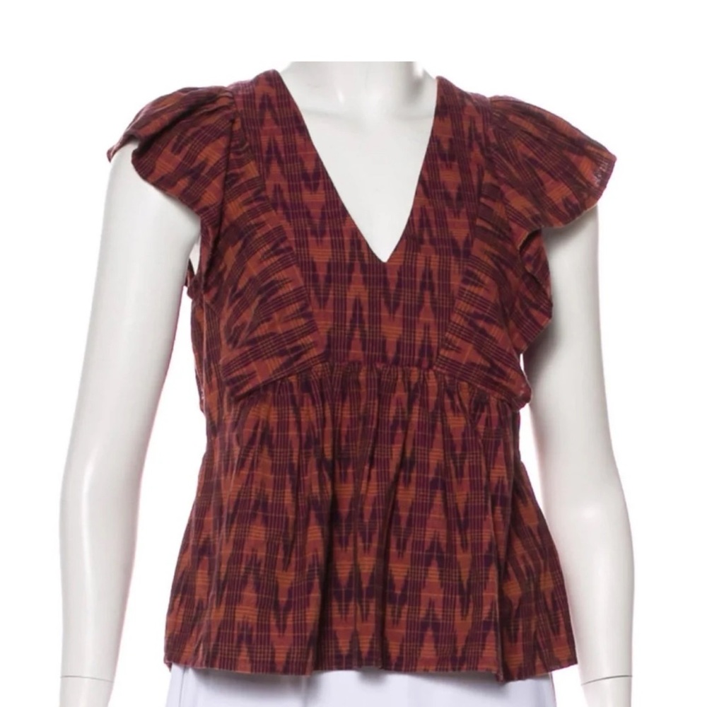Ulla Johnson Rust and Burgundy Ikat Flutter-Sleeve V-Neck Top Blouse 4